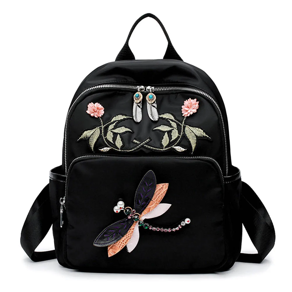 

Fashion Ladies Traditional Craft Oxford Travel Shoulder Bag Popular Women Vintage Style Diamond Dragonfly Embroidery Backpack