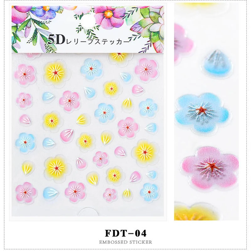 2 шт 5D Красочные цветы наклейки для ногтей с дизайном смешанные Выгравированные наклейки для ногтей наклейки DIY клей декоративные советы
