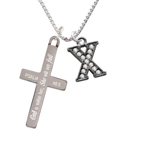 Crystal Black Initial - X - Beaded Border - - She will not Fall - Cross Necklace (1)