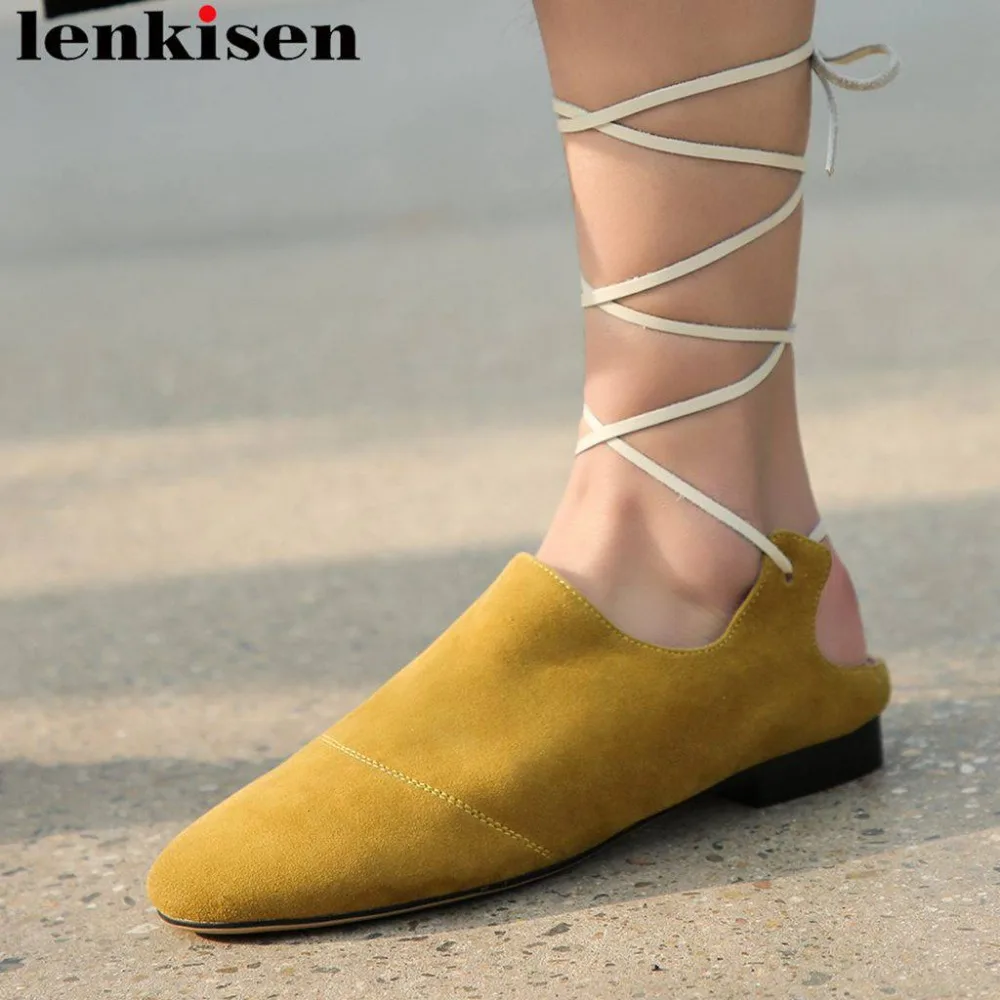 

Lenkisen handmade natural leather ankle strap round toe slingback women pumps large size sweety girl concise casual shoes L00