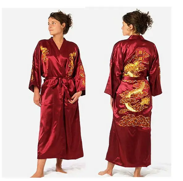 Бордовое атласное кимоно с вышивкой дракона, халат, женский Сексуальный Атласный халат, длинная ночная рубашка, одежда для сна, Размеры S M L XL XXL XXXL