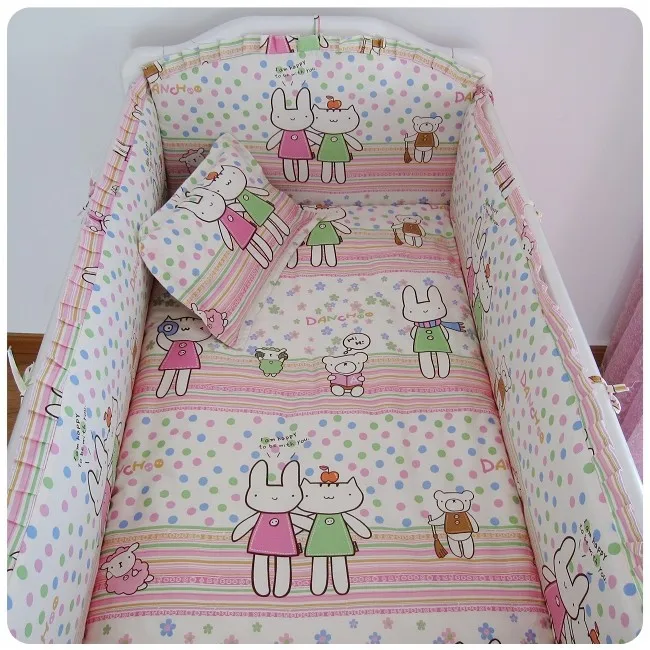 

Promotion! 6PCS Baby bedding set Pink lovely girl crib bedding set 100% cotton baby bedclothes (bumper+sheet+pillow cover)