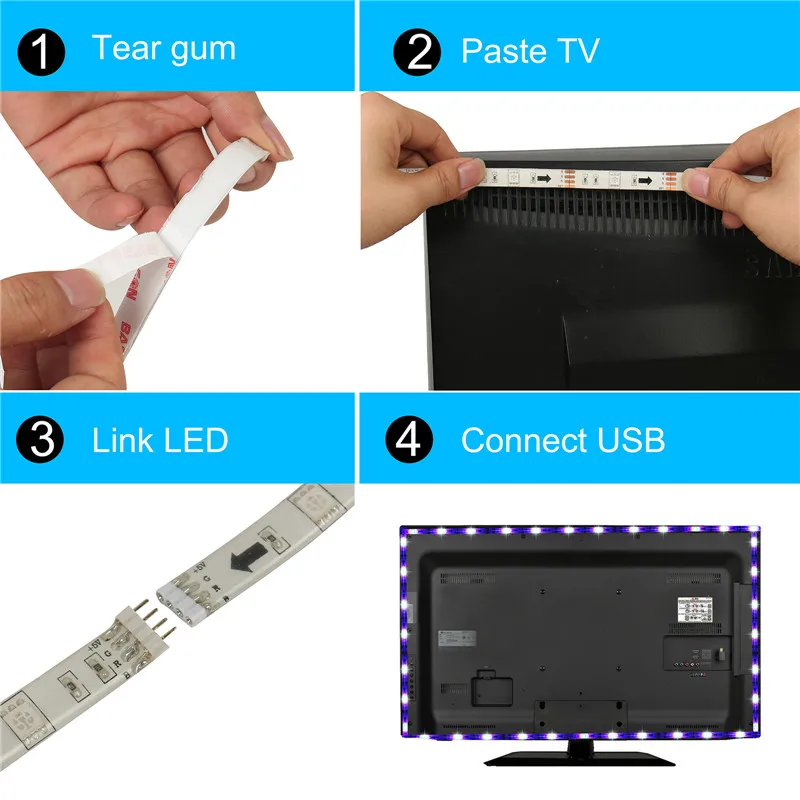 RGB светодиодный светильник для телевизора с подсветкой, питание от USB, светодиодный светильник для ТВ 5050, домашний кинотеатр, светильник ing для 3" до 65", плоский телевизор с ИК-пультом дистанционного управления