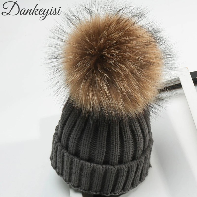 DANKEYISI зимняя детская шапка Skullies Beanies для мальчиков и девочек, меховая шапка с помпонами из натурального енота, Детские Вязанные Трикотажные Шапочки