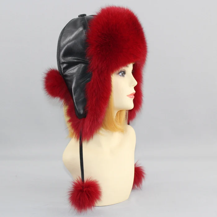 Genuin Fox Fur Hats Lady Real Fox Fur Lei Feng Cap for Russian Women Bomber Hats with Leather Caps Retail wholesale - Color: red