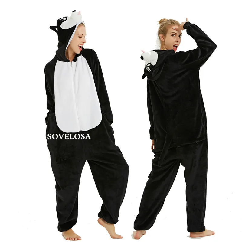 Пижамы единорога, женский комбинезон, кигуруми, панда, зимняя Фланелевая пижама, кигуруми, для взрослых, ночная рубашка, стежка, единорог, одежда для сна, комбинезон - Цвет: Black dog