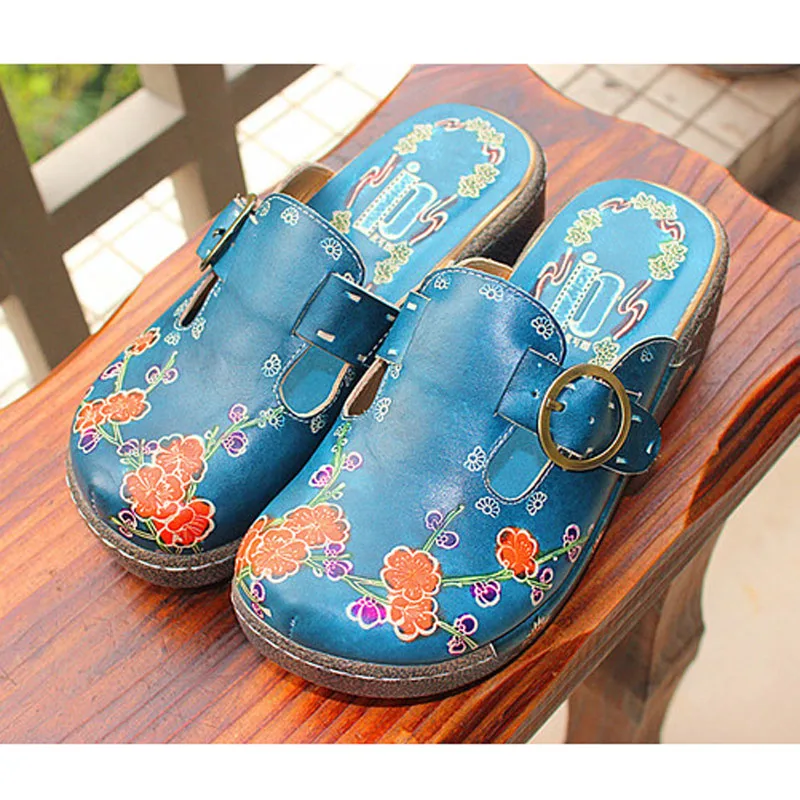 Летние новые кожаные яловой кожи на толстой подошве плоские сандалии национальный цвета леденцов женские домашние губки торт тапочки