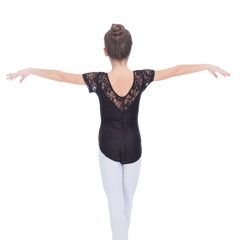 Черный блестящий нейлон/лайкра балетные трико с кружевной крышкой рукав девушки танцевальный костюм детская одежда для спортивной гимнастики