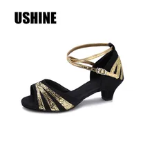 Черные атласные на низком каблуке Костюмы для бальных танцев Salsa Туфли для латинских танцев Для женщин Обувь для девочек WZJ