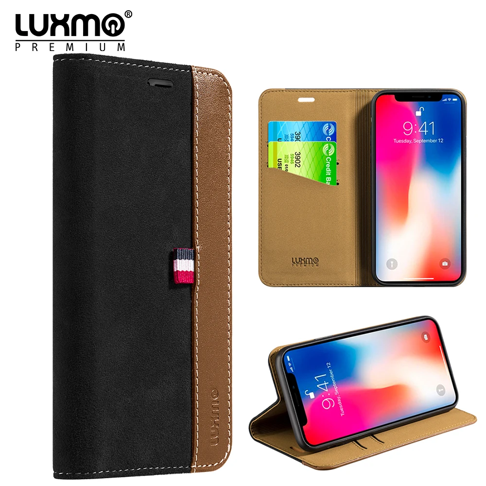 LUXMO Genuine Leather Case for iPhone X Flip Wallet Case with Card Slot
