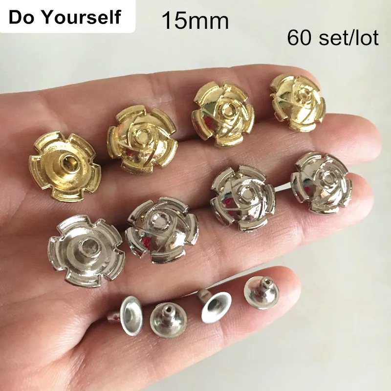 

Free Shipping - 60 Sets of Rose Rivets 15mm Light Gold-color,Silver,Rose Flower Rivet Stud, DIY Rivets For Leather,Clothes,Belt