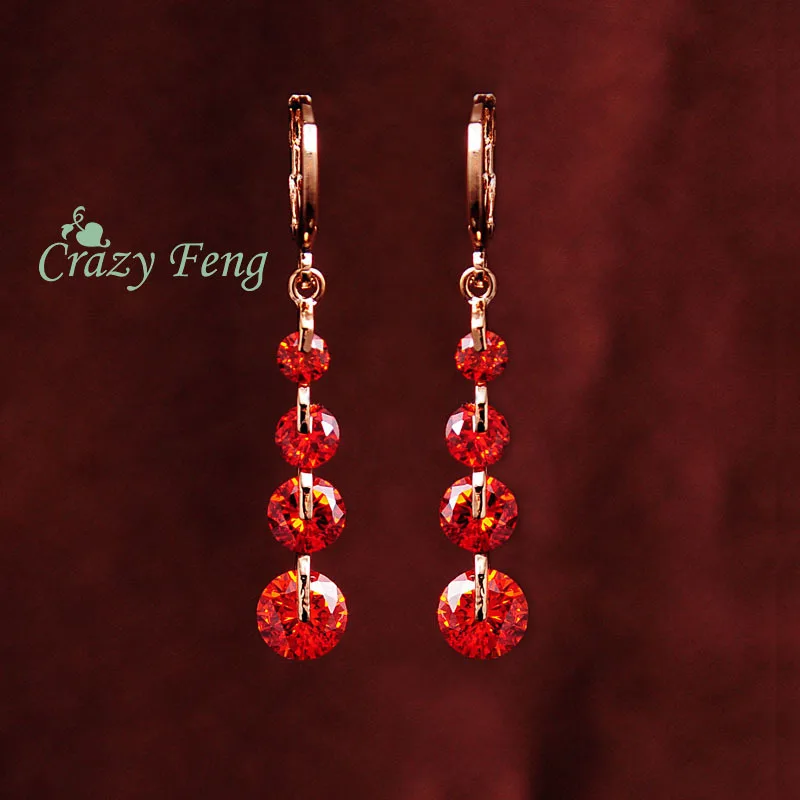 Crazy Feng модные новые женские золотые цвета Розовый CZ Кристалл Подвеска для пирсинга Висячие Серьги Свадебное ювелирное изделие серьги