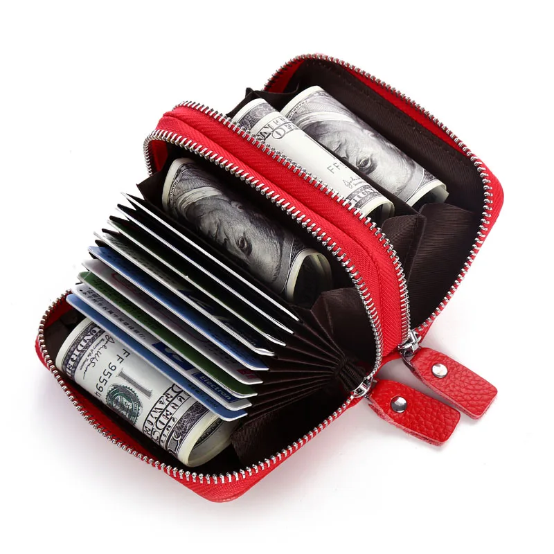 Women Card Holder Double Zipper Genuine Leather Wallet Credit Cards Case Bag