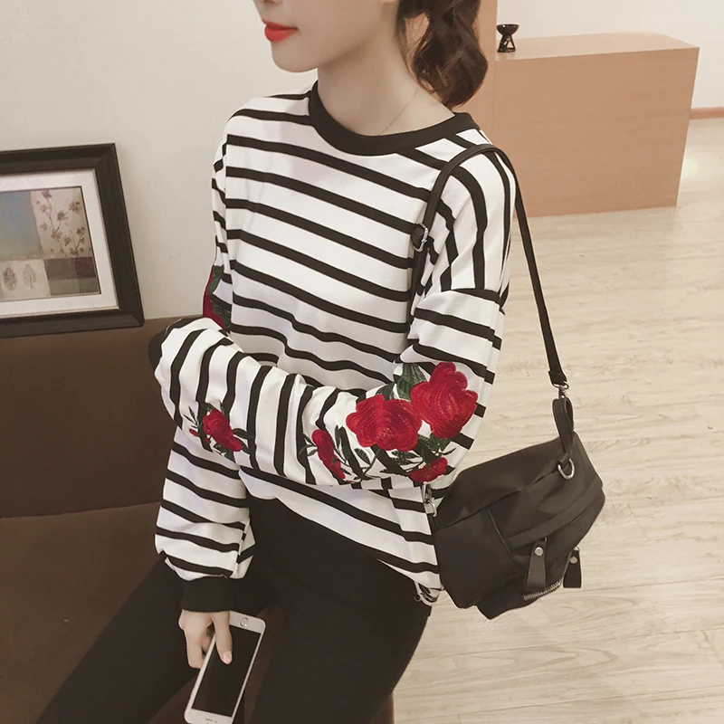 Roses Embroidery Lantern Sleeve Loose Striped Women Sweatshirt (10)