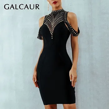 

GALCAUR Sexy Rivet Patchwork Women Dress Stand Off Shoulder Backless Sleeveless High Waist Slim Mini Dresses Female Summer 2020