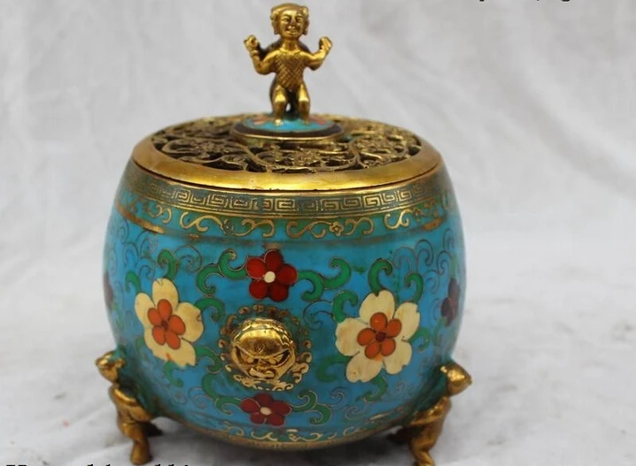 

xiuli 002458 7"Chinese Dynasty Bronze Gild Cloisonne Lucky Sudhana Incense Burner Censer