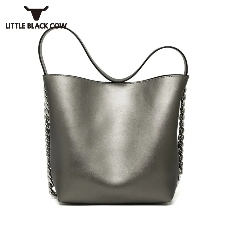 

New Large Capacity Female Shoulder Bags Fashion Solid Ladies Chains Bucket Bags Original Leather Handbag Sling Bags