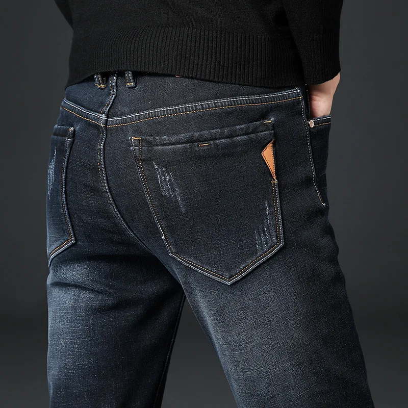 Зимние Новые мужские джинсы утепленные флисовые теплые джинсы стрейч прямые эластичные брюки черные Синие Большие размеры 42