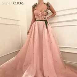 SuperKimJo Вышивка Цветы Выпускные платья 2019 бисером Розовый Элегантный Линия выпускного вечера платье Гала Vestido Formatura
