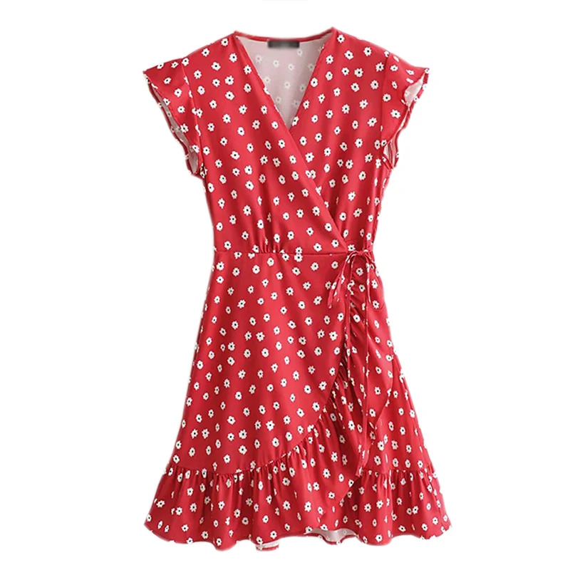 

Women Cross V Neck Red Wrap Dress Ruffles Short Sleeve Female Casual Dresses FFZYQ327