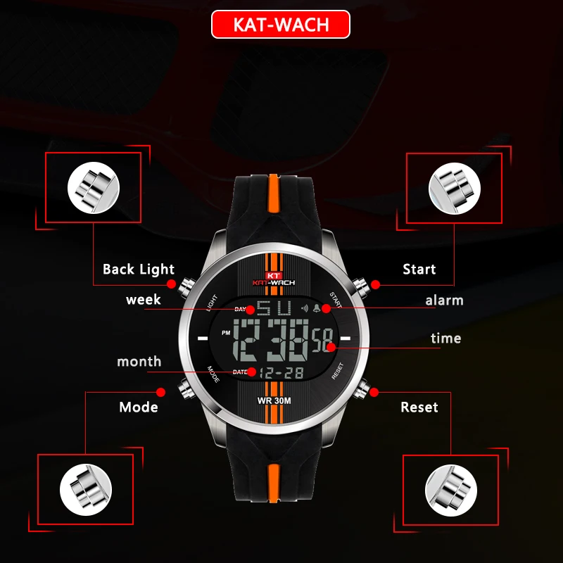 KAT-WACH العلامة التجارية الرجال ووتش للماء الرياضة ووتش في الهواء الطلق سيليكون حزام Led ساعة رقمية الرجال ساعة Erkek كول الساعاتي Hodinky