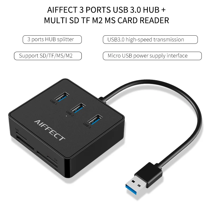 AIFFECT Multi Function 3 Port USB Splitter 3.0 HUB Combo Card Reader Support TF SD M2 MS Converter Micro USB Power for Laptop AIFFECT Multi Function 3 Port USB Splitter 3.0 HUB Combo Card Reader Support TF SD M2 MS Converter Micro USB Power for Laptop