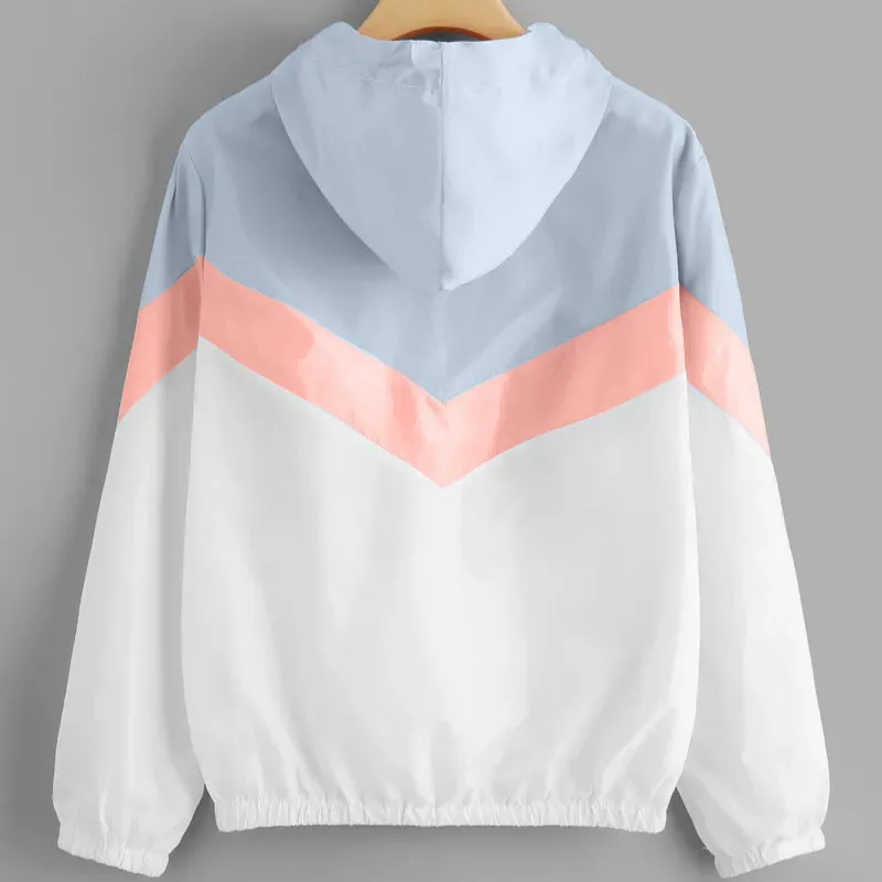 Women's Color Block Windbreaker Jacket, Multicolor Patchwork Hooded Coat, Harajuku Style Basic Jackets for Women image 2