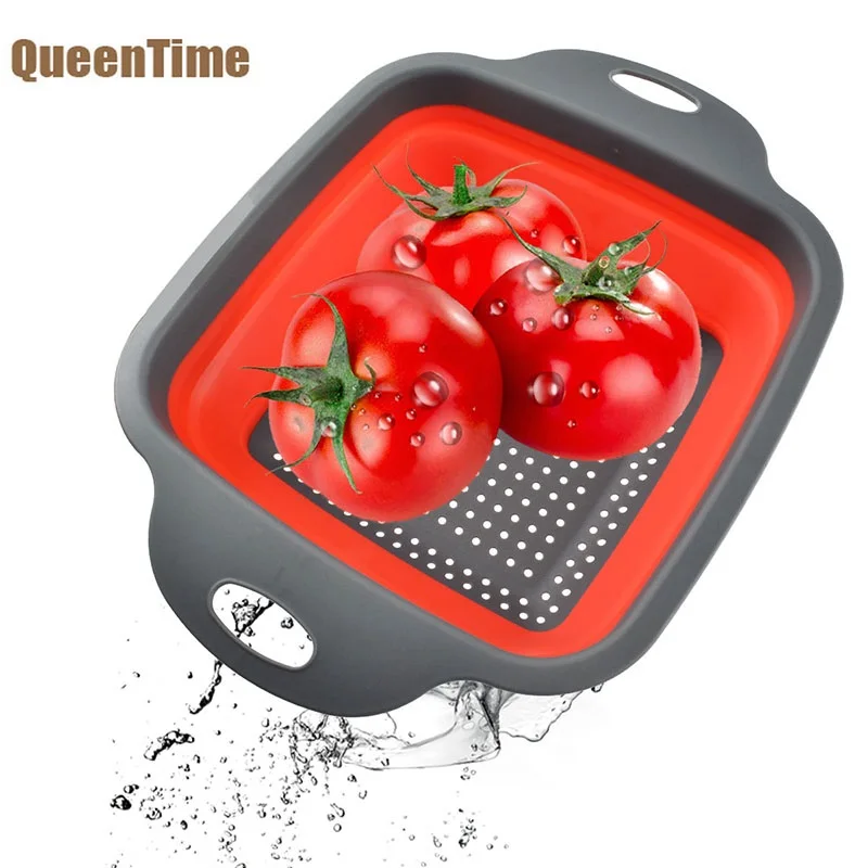 

QueenTime Collapsible Colander Silicone Square Food Strainer Fruit Basket Filter Water For Vegetable Kitchen Utensil Wash Basket