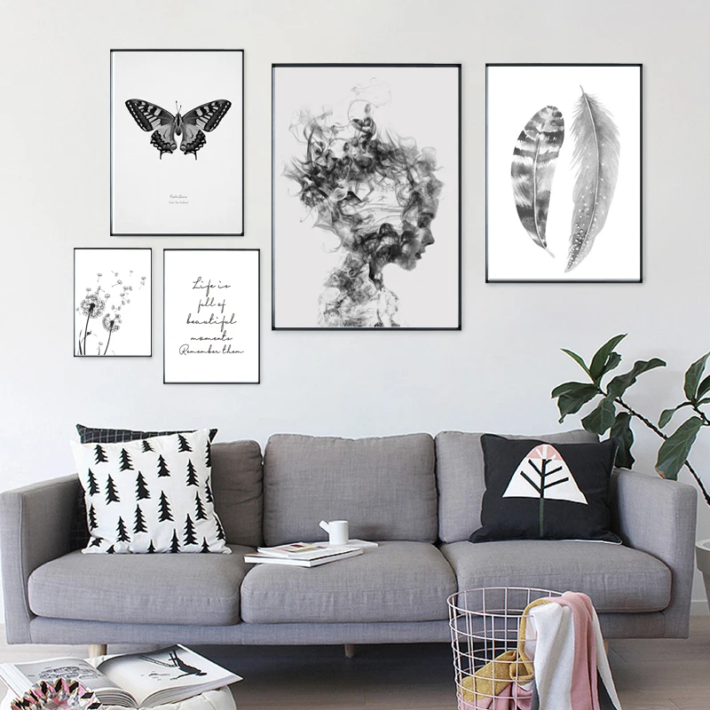 

Nordic Poster Black And White Feather Painting Butterfly Posters And Prints Abstract Art Wall Pictures For Living Room Unframed