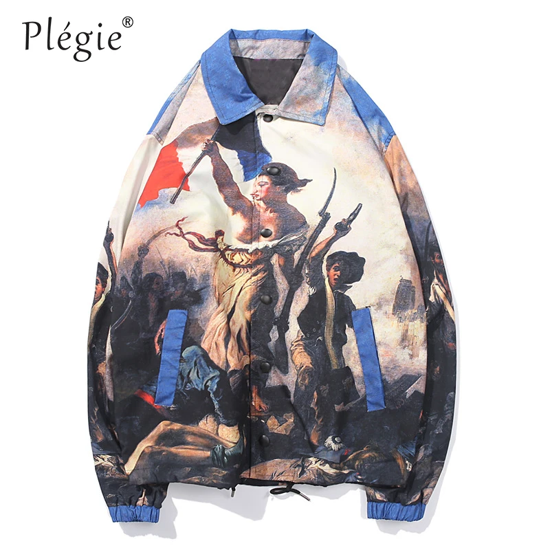 Plegie Turn-down Collar Vintage Full Printed Mens Jackets Coats 2018 Autumn Fashion Casual Streetwear Hip Hop Jacket Windbreaker