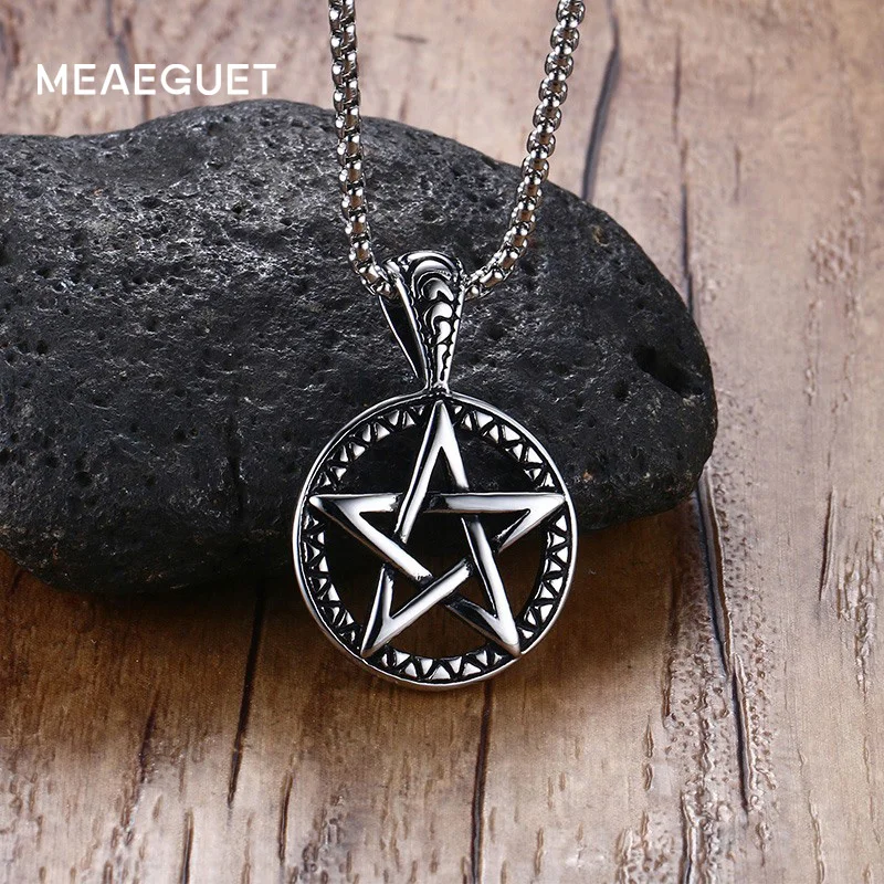 

Meaeguet Hiphop Lucifer Satan Pentacle Necklaces Mens 316L Stainless Steel Chain Pentagram Necklace for Men Cjocker Free Chains