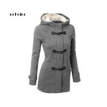 Echoine Women Casual Coats Ox Horn Buckle Long Sleeve Zipper Button Plus Size Thicken Jacket Warm Cashmere Hooded Female Outwear plus size hooded horn button coat
