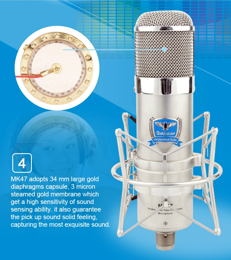 Alctron MK47 высокая производительность мульти-Шаблон Широкий мембранный трубчатый конденсаторный микрофон, профессиональный студийный микрофон для вокальной записи