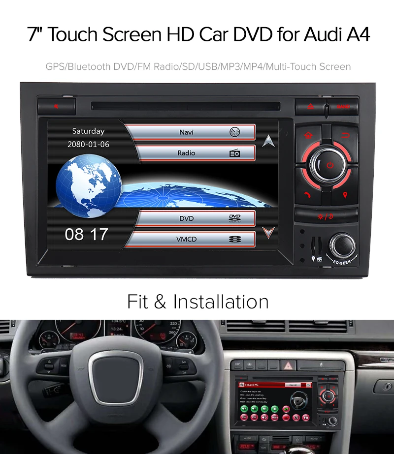 A-Sure 2 Din Автомобильный мультимедийный радио навигатор с gps, DVD для Audi A4 2002-2007 S4 RS4 с 3g gps SWC RDS DAB+ USB порт Bluetooth