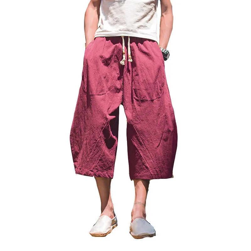 

LEFT ROM 2019 Men High-end brand summer Elastic waistline linen shorts/Male retro style leisure cotton linen Haroun shorts 4XL