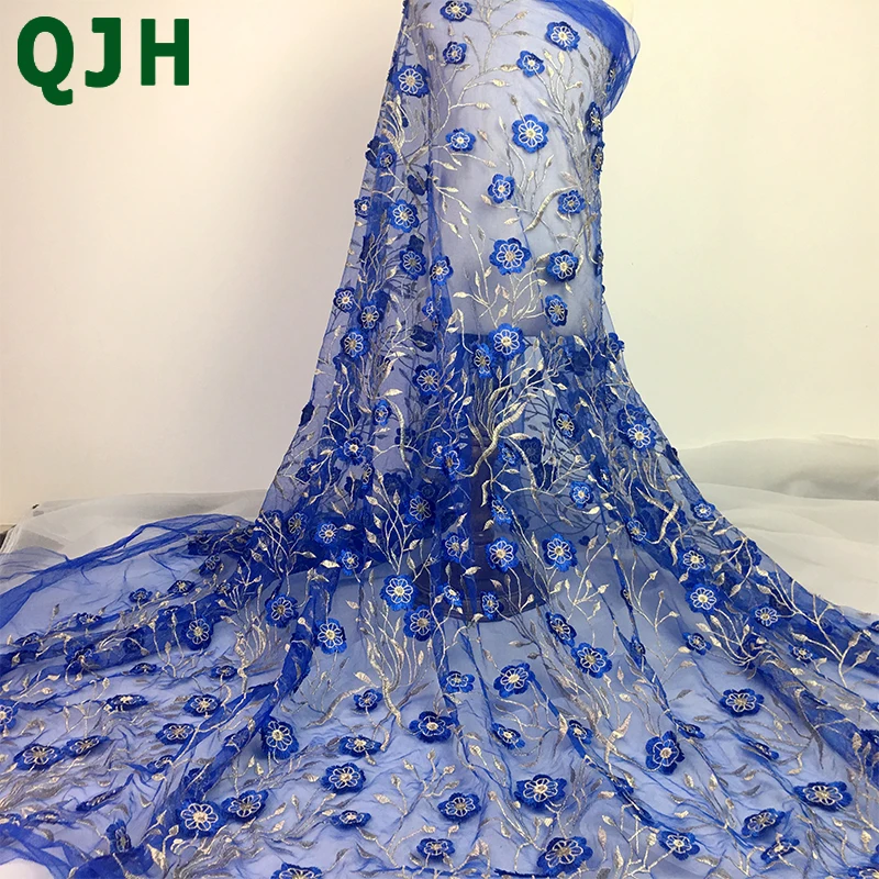 

New arrive Pretty Multi-color 3D flowers gold silk embroidery French Lace Fabrics Mesh tulle wedding dress Patchwork cloth trim