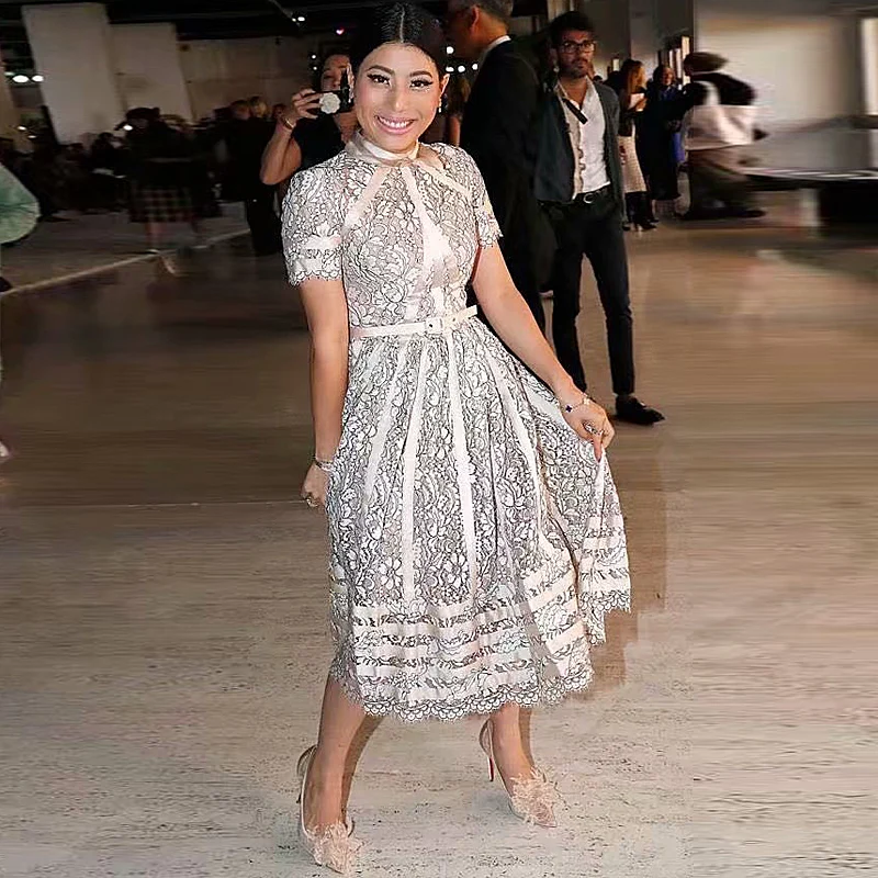 XF 1113-9 19 2019 Spring And Summer Fashion Designer Women'S Dress Round Neck Short Sleeve Openwork Mesh Lace Slim White Dress