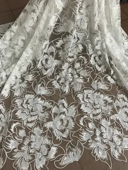 

French net Fabric with sequins flower Embroidered Tulle Fabric White African French Lace Fabric High Quality
