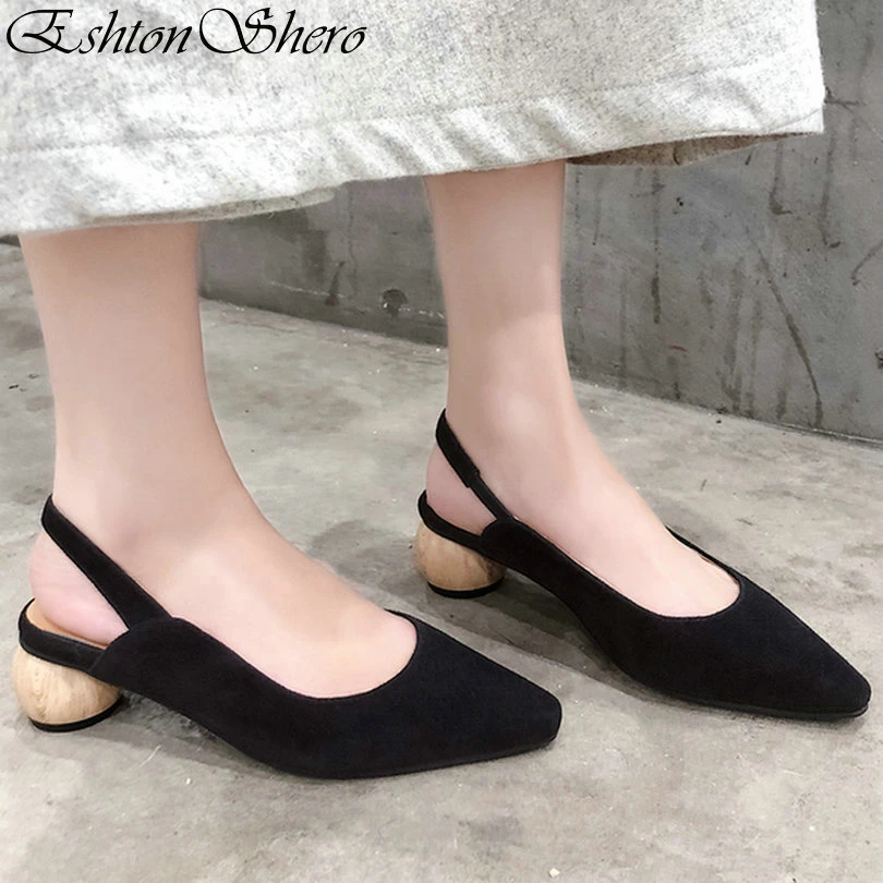 

EshtonShero Women's Pumps Shoes Woman Platform Kid Suede Med Heels Pointed Toe Slingback Black Ladies Wedding Shoes Size 3-12