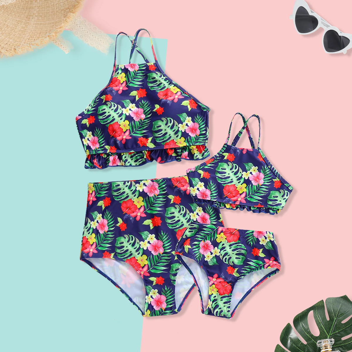 

Flower Mother and Daughter Swimsuits Mommy and Me Swimwear Highwaist Mom Girls Bathing Suits Family Matching Outfits Look Dress
