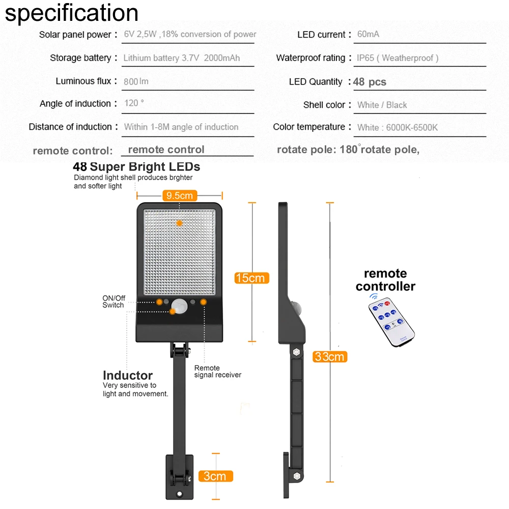 48 Светодиодный 800 лм уличный светодиодный уличный настенный светильник на солнечной батарее с датчиком движения, лампа для безопасности сада, Водонепроницаемая IP65 с пультом дистанционного управления белого цвета