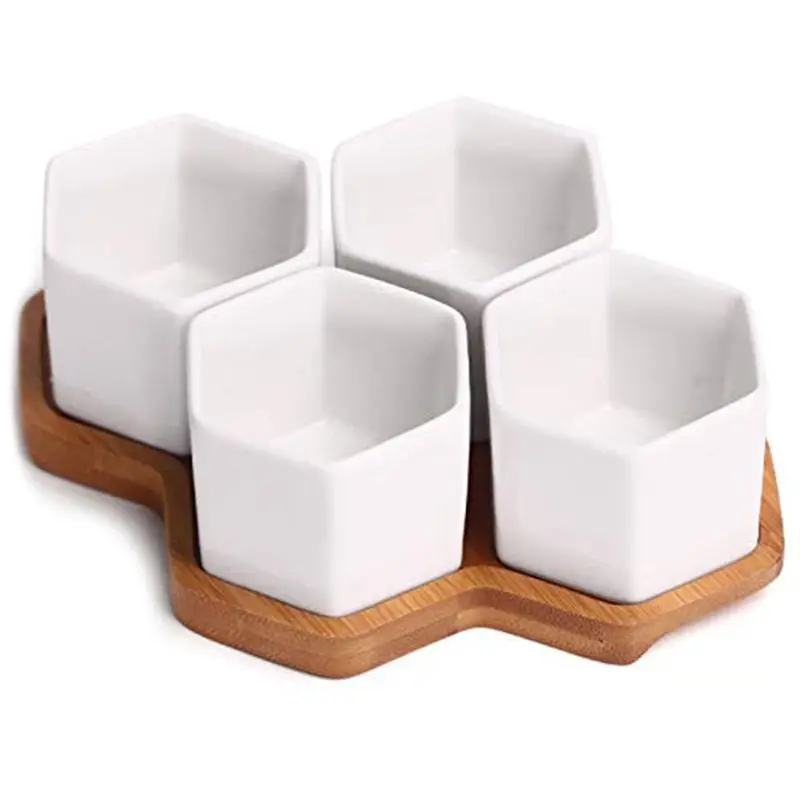 

Succulent Flower Pots for Indoor Outdoor Each Modern White Ceramic Small Hexagon Plant Pots with Bamboo Tray for Succulent Flo