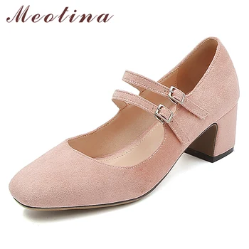 

Meotina Mary Janes Shoes Women High Heels Buckle Thick High Heels Shoes Square Toe Party Pumps Female Spring Red Plus Size 33-43