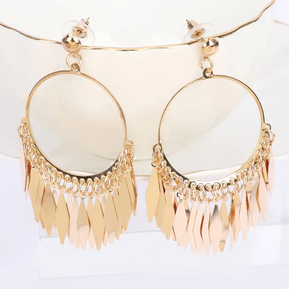 

Hot Elegant Women Bling Dangles Earring Gold Color Posh Long Tassels Hoop Big Earring Glittering Gift Fashion Statement Jewelry