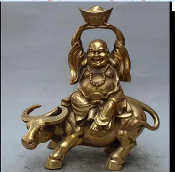 

wang6711046+++14" Chinese Bronze Wealth Laughing Buddha Ride Bull Ox OxenHold Yuanbao Statue