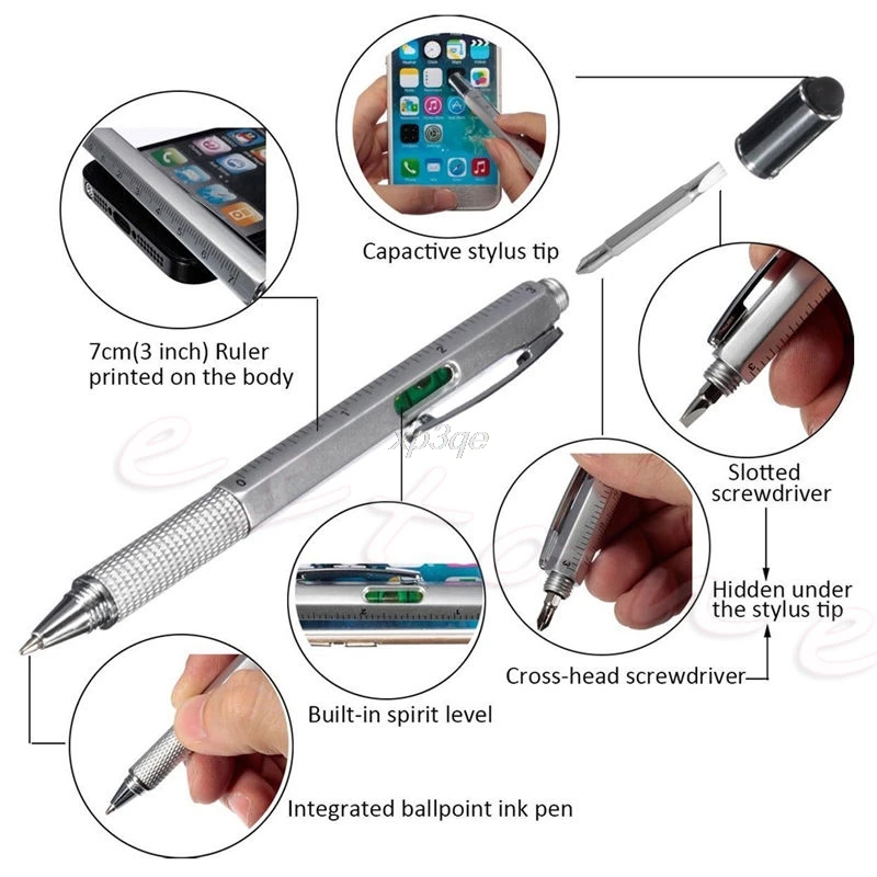 

6 in1 Touch Screen Stylus Ballpoint Pen with Spirit Level Ruler Screwdriver Tool