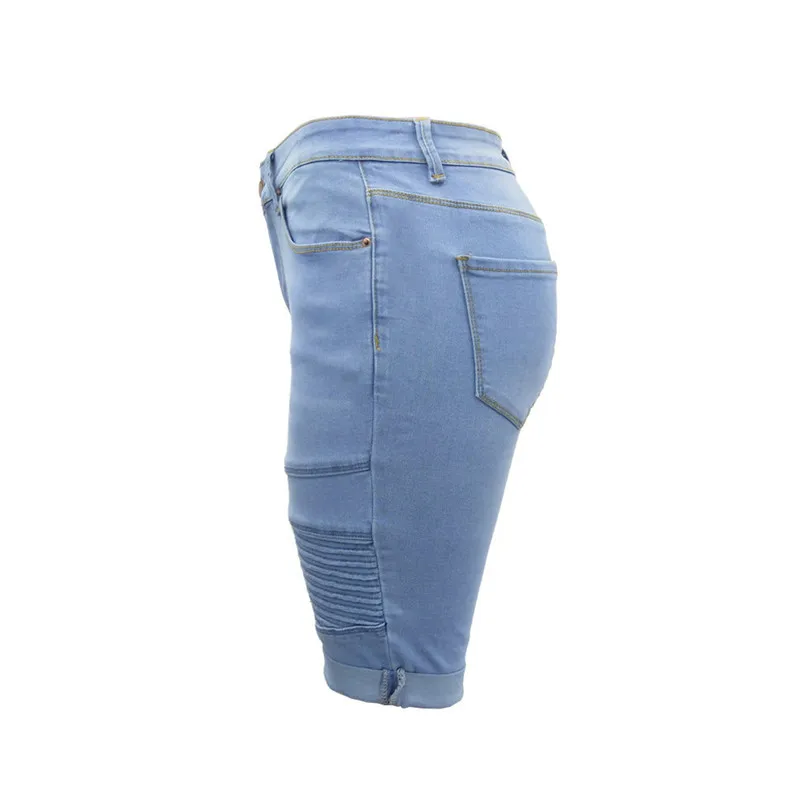 New Women Summer Mid Rise Elastic Zip Skinny Denim Knee Length Curvy Stretch Solid Jeans Fashion Vintage Shorts Jeans #4R09 (12)