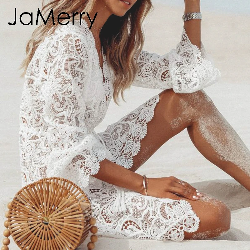 JaMerry Boho винтажное Сексуальное Женское Платье с вырезами элегантное кружевное