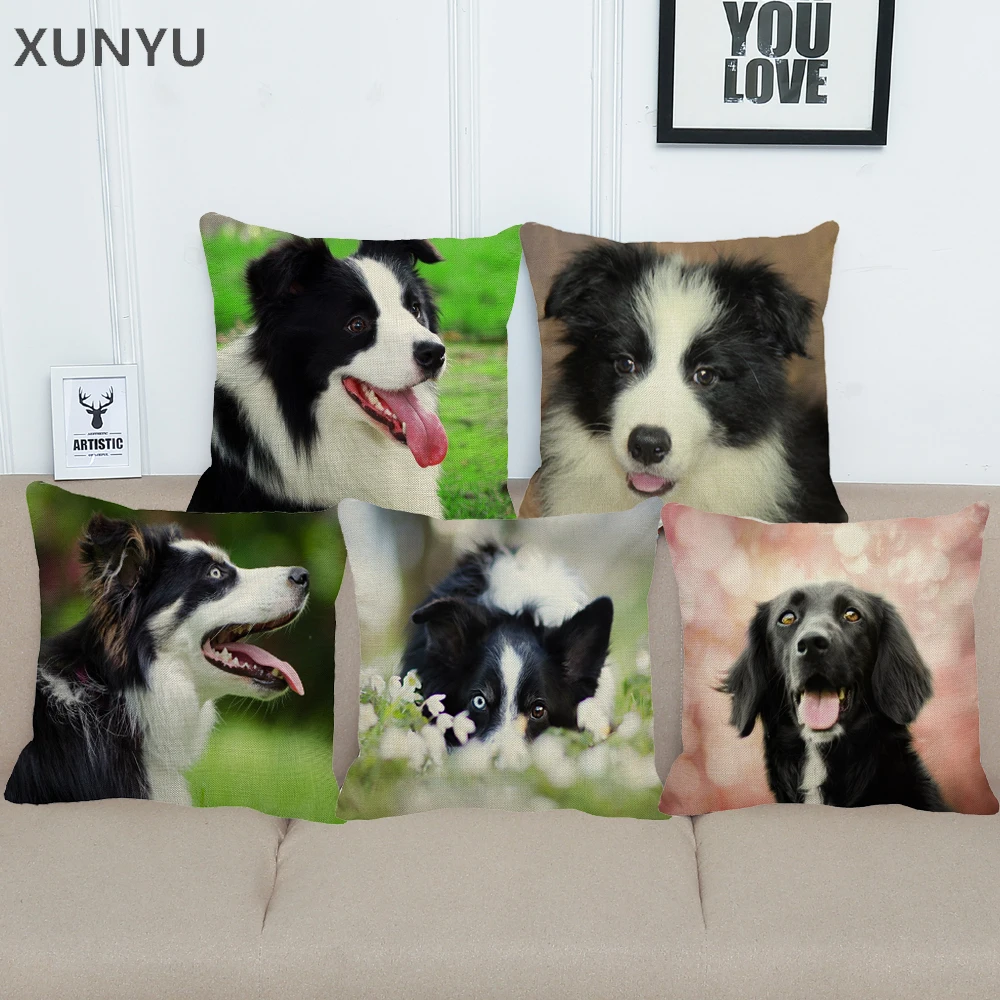 

XUNYU 18 Inch Border Collie Linen Pillowcase Animal Pattern Decorative Cushion Cover Home Sofa Square Pillow Cover BZ197