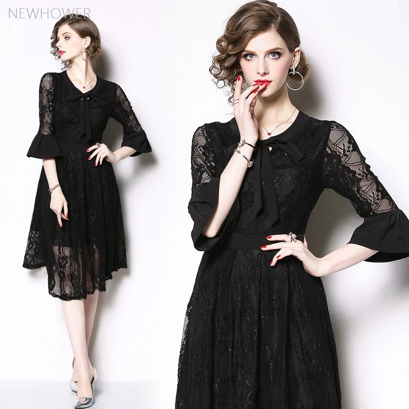 

New style spring dress of 2019 Black Lace Dress European and American temperament knee-length flare Sleeve mesh light fragrance